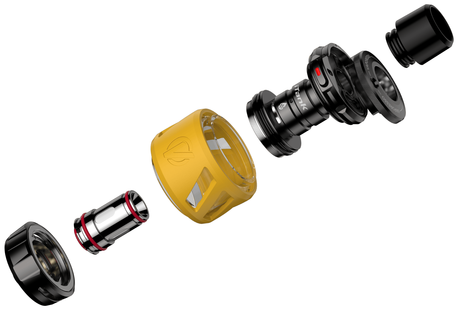Exploded view of Vaporesso iTank 2, the sub ohm vape tank built for the Armour Max. Features COREX tech and leak-free airflow for the best dtl vape experience.