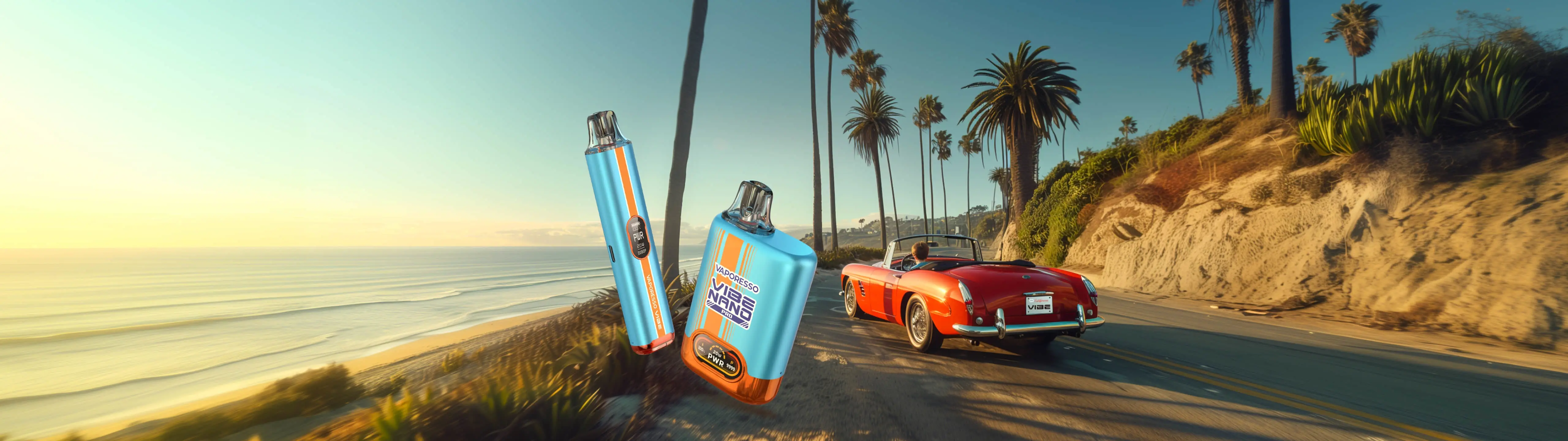 VAPORESSO VIBE & VIBE NANO PRO – stylish and portable vape kits, set against a scenic coastal road with palm trees and a classic red convertible.